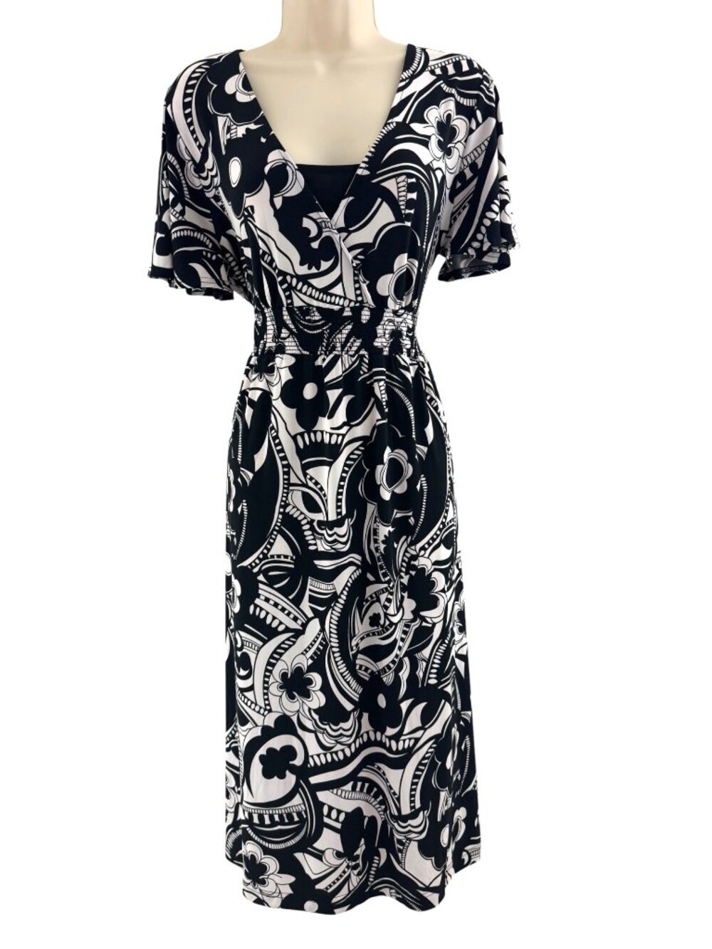 Croft & Barrow Black White Floral Abstract Smocked Waist Midi‎ Maxi Dress Size L